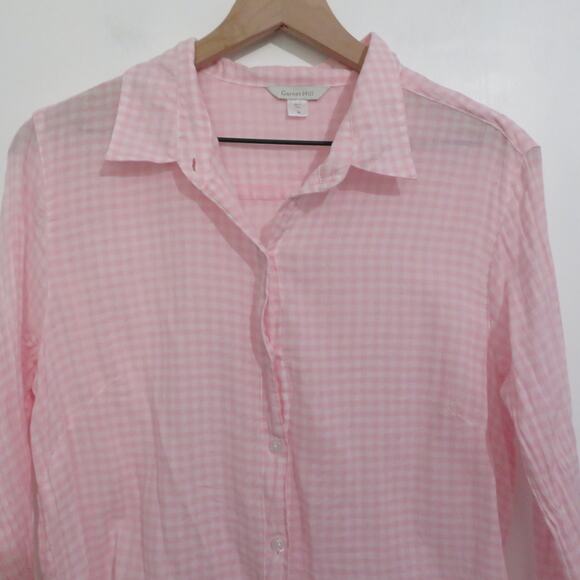 Garnet Hill Women 16 Pink White Gingham Checkered Button Front Long Sleeve Top - Picture 3 of 8